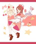  1girl :d alcremie alcremie_(strawberry_sweet) alternate_costume apron bangs bob_cut boots brown_eyes brown_footwear brown_hair cherry dessert doughnut dress eyelashes food fruit gloria_(pokemon) hands_up hat highres hogeol_pk holding holding_tray open_mouth pokemon pokemon_(creature) pokemon_(game) pokemon_swsh red_headwear short_hair short_sleeves smile sparkle tam_o&#039;_shanter tray white_apron 