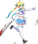  1girl aqua_hair aqua_skirt black_shoes blonde_hair blood blood_on_weapon commentary fang full_body green_eyes hair_bun holding holding_weapon j-core long_hair looking_at_viewer magatsu_toto midriff mira_shamaliyy multicolored_hair navel neckerchief ozigiri pointing purple_neckerchief rabbit saw school_uniform shoes simple_background skin_fang skirt smile sneakers thighhighs twintails weapon white_background white_thighhighs 