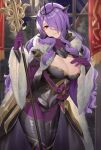  1girl armor black_leotard breasts camilla_(fire_emblem) cape cleavage closed_mouth fake_horns fire_emblem fire_emblem_fates fur_trim gloves hair_over_one_eye haru_(nakajou-28) highres holding holding_polearm holding_weapon horns indoors large_breasts leaning_forward leg_armor leotard long_hair looking_at_viewer moon night night_sky pantyhose polearm purple_eyes purple_gloves purple_hair purple_pantyhose sky solo tiara very_long_hair wavy_hair weapon wide_sleeves window 