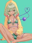  1girl alternate_costume barefoot bikini breasts breasts_apart cameltoe closed_mouth commentary_request disembodied_linked_eye eyeball green_background green_bikini green_eyes green_hair heart heart_of_string highres hood hood_up hoodie komeiji_koishi long_sleeves navel open_clothes open_hoodie pink_hoodie simple_background sitting small_breasts smile soara_shimomo solo stomach swimsuit tan touhou two-sided_hoodie yellow_hoodie 