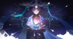  1boy absurdres anemo_symbol_(genshin_impact) armor belt black_background black_belt black_bodysuit black_bow black_bridal_gauntlets black_hair black_shorts blue_cape blue_gem blue_halo blue_hat blue_jingasa blue_kimono blue_sleeves blunt_ends bodysuit bow bridal_gauntlets bright_pupils cape closed_mouth crying crying_with_eyes_open crystal eyeliner floating floating_object foreshortening furisode gem genshin_impact glowing_gem gold gold_ring hakama hakama_shorts halo halo_behind_head hands_up hat heart-shaped_gem highres japanese_armor japanese_clothes jingasa juban kimono kote kurokote layered_sleeves looking_at_object makeup male_focus mandarin_collar middle_ring open_clothes open_hands open_kimono pink_gem pleated_shorts purple_eyes purple_rope purple_sash red_eyeliner rena2702 rope sash scaramouche_(genshin_impact) short_sleeves shorts shoulder_peek side_cape smile solo straight-on tassel tears tsurime upper_body vision_(genshin_impact) wanderer_(genshin_impact) white_kimono white_pupils white_sleeves white_trim wispy_bangs 