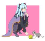 1girl absurdres animal_ear_hairband animal_ears ao_no_kiseki armor armored_shoes black_pantyhose black_skirt blue_hair border breastplate cape cat cat_ear_hairband cat_ears closed_mouth commentary_request double-parted_bangs eiyuu_densetsu fake_animal_ears full_body grey_shoes hair_between_eyes hairband highres light_smile long_sidelocks long_sleeves looking_at_viewer outside_border pantyhose pink_background pleated_skirt shoes sidelocks simple_background skirt smile solo squatting tio_plato twintails user_kgwn4383 v-shaped_eyebrows white_border wispy_bangs yarn yarn_ball yellow_eyes zero_no_kiseki 