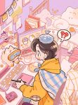  1girl ? bed black_hair blue_eyes blush_stickers book calendar_(object) chair chopsticks commentary computer computer_keyboard controller desk dolman_(dm) drawing_tablet food game_controller hair_ornament hairclip highres holding holding_stylus hood hood_down hoodie indoors long_sleeves monitor object_on_head original pillow plaid_clothes plaid_shirt shirt short_hair sitting solo speech_bubble spoken_question_mark star_(symbol) stylus yarn yarn_ball yellow_hoodie 