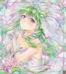  1girl adversarial_noise alternate_costume alto2019 bare_shoulders basket blue_pupils breasts bridal_veil bride cleavage commentary_request dianthus dress falling_petals flower frog_hair_ornament gloves glowing glowing_petals green_hair hair_ornament highres kochiya_sanae large_breasts long_hair looking_at_viewer petals pink_flower pink_petals pink_rose purple_eyes qr_code rose signature snake_hair_ornament solo strapless strapless_dress tiara touhou touhou_lostword traditional_media twitter_username veil very_long_hair watermark wedding_dress white_dress white_gloves white_veil 