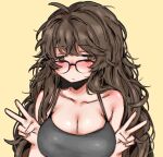  1girl ahoge aki_(snale) alternate_hair_length alternate_hairstyle blush breasts brown_eyes brown_hair cleavage double_v glasses highres large_breasts long_hair looking_at_viewer messy_hair original snale tank_top upper_body v yellow_background 