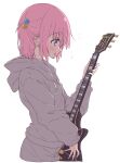  1girl bangs blue_eyes blush bocchi_the_rock! drawstring electric_guitar gotou_hitori grey_hoodie guitar hair_cubes hair_ornament highres holding holding_instrument hood hood_down hoodie instrument long_sleeves mel_(melty_pot) one_side_up open_mouth pink_hair short_hair simple_background solo 
