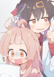  2girls 45xoz ^^^ absurdres ahoge black_hair blush commentary cutting_hair failure flying_sweatdrops hair_between_eyes hair_ornament hairclip hairdressing highres holding holding_scissors long_hair long_sleeves multiple_girls onii-chan_wa_oshimai! orange_eyes oyama_mahiro oyama_mihari pink_hair purple_hair red_shirt scissors scratching_cheek shirt siblings sisters sweatdrop turn_pale wavy_mouth 