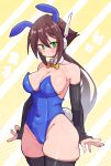  1girl absurdres aile_(mega_man_zx) animal_ears bare_shoulders black_thighhighs blue_leotard breasts brown_hair buzzlyears cleavage cowboy_shot fake_animal_ears fake_tail highres large_breasts leotard long_hair mega_man_(series) mega_man_zx mega_man_zx_advent playboy_bunny ponytail rabbit_ears rabbit_tail ringed_eyes robot_ears solo strapless strapless_leotard tail thighhighs 