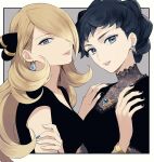  2girls bad_id bad_twitter_id black_dress black_nails blonde_hair blue_eyes blue_hair blue_nails bracelet cynthia_(pokemon) diantha_(pokemon) dress earrings fingernails grey_eyes hair_ornament hair_over_one_eye highres jewelry lipstick long_hair looking_at_viewer makeup multicolored_nails multiple_girls nail_polish one_eye_covered parted_lips pokemon pokemon_(game) pokemon_dppt pokemon_xy short_hair smile white_nails yukin_(es) 