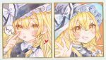  1girl akanbe black_hat black_vest blonde_hair bow braid commentary eyelid_pull grin hair_between_eyes hair_bow hat hat_bow hat_ribbon heart highres kirisame_marisa long_hair looking_at_viewer marker_(medium) multiple_views orange_hair portrait ribbon shikishi shirt side_braid single_braid smile tongue tongue_out touhou traditional_media upper_body vest waving white_bow white_ribbon white_shirt witch_hat yamada_sakura yellow_eyes 