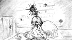16:9 anthro armor blood blood_drip blood_on_face blood_splatter bodily_fluids box brain_matter brick bullet bullet_hole bullet_wound clothing coat container cracks daisy_(dragonweirdo) dragonweirdo dripping female flower headgear helmet hi_res mammal military_uniform monochrome plant rodent sciurid sitting solo topwear tree_squirrel uniform widescreen
