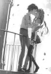  1boy 1girl azuki_azusa blush bow closed_eyes collared_shirt dutch_angle falling_leaves greyscale hair_bow hairband hand_on_another's_shoulder hentai_ouji_to_warawanai_neko. highres kantoku kiss leaf long_hair monochrome novel_illustration official_art outdoors plaid_clothes plaid_skirt pleated_skirt railing scan shirt shoes short_hair sidelocks skirt thighhighs yokodera_youto 
