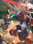  2boys absurdres armor black_eyes blonde_hair energy_sword forehead_jewel helmet highres holding holding_sword holding_weapon long_hair male_focus mega_man_(series) mega_man_zero_(series) mega_man_zero_3 midair multiple_boys omega_(mega_man) omega_(third_form)_(mega_man) omochi_(mochi_skymega) pointing_melee_weapon pointing_sword red_armor red_helmet standing sword weapon z_saber zero(z)_(mega_man) zero_(mega_man) 