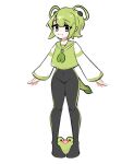  1girl :3 black_bodysuit bodysuit chey closed_mouth covered_navel freckles frog full_body green_eyes green_hair green_neckerchief green_shirt hair_rings lily_(chey) long_sleeves looking_at_viewer medium_hair neckerchief original pigeon-toed shirt simple_background smile solo standing tadpole_tail white_background 