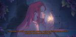  1girl alien_stage art_program_in_frame cigarette clematis_(flower) commentary english_commentary english_text flower highres knees_up lighting_cigarette long_hair mizi_(alien_stage) nude pink_hair purple_flower signature sitting subtitled yammithethird yellow_eyes zombie_stage 