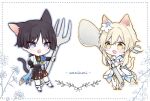 1boy 1girl animal_ears arm_at_side armor belt black_belt black_bodysuit black_bow black_bridal_gauntlets black_hair black_sandals black_shorts black_tail blonde_hair blue_cape blue_feathers blue_flower blue_gem blue_kimono blue_sleeves blue_trim blunt_ends blush bodysuit bow breasts bridal_gauntlets cape cat_boy cat_ears cat_girl cat_tail chibi chibi_only cleavage dashed_border detached_sleeves dress eyeliner fang feather_hair_ornament feathers floral_border flower fork full_body furisode gem genshin_impact gold_ring gold_shoes gold_trim gradient_feathers grey_outline hair_between_eyes hair_flower hair_ornament hakama hakama_shorts halterneck highres holding holding_fork holding_spoon japanese_armor japanese_clothes juban kimono kote kurokote kusa_013yyds large_bow layered_sleeves leg_warmers leggings looking_at_another lumine_(genshin_impact) makeup mandarin_collar medium_dress middle_ring multicolored_feathers multicolored_flower open_clothes open_kimono open_mouth outline outstretched_arm pairing_name pleated_shorts pom_pom_(clothes) purple_eyes purple_rope purple_sash red_eyeliner rope sandals sash scaramouche_(genshin_impact) scarf shoes short_hair short_hair_with_long_locks short_sleeves shorts side_cape sidelocks small_breasts spoon star_ornament tail tareme tassel tsurime vambraces vision_(genshin_impact) wanderer_(genshin_impact) white_background white_dress white_feathers white_flower white_kimono white_leg_warmers white_leggings white_scarf white_sleeves white_trim wispy_bangs yellow_eyes yellow_feathers yellow_outline yellow_tail zouri 