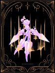  arm_blade armor artbyroseyx artist_name black_background blade_arm ceruledge fiery_hair fire gold_border helmet highres knight pokemon pokemon_(creature) pokemon_focus pokemon_scarlet_and_violet purple_armor purple_fire purple_helmet solo sparkle star_(sky) weapon 