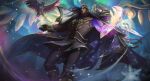  1boy absurdres animal bangs beard beatrice_(league_of_legends) bird black_gloves black_hair black_jacket black_pants cape facial_hair feet_out_of_frame gloves glowing glowing_arm highres jacket league_of_legends long_hair long_sleeves male_focus official_alternate_costume official_art pants parted_bangs purple_cape single_glove snow snowing solo swain_(league_of_legends) tree winterblessed_swain 