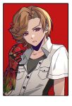  1boy animification ankh_(ooo) border breast_pocket brown_hair buttons collared_shirt commentary core_medal curtained_hair gauntlets hand_up highres holding inushima_(aridayo_328) kamen_rider kamen_rider_ooo_(series) layered_shirt looking_at_viewer male_focus parted_lips partially_unbuttoned pocket red_background red_eyes shirt short_hair short_sleeves simple_background single_gauntlet solo white_border wing_collar 