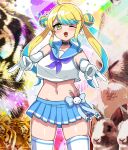  1girl animal aqua_hair aqua_skirt black_choker blonde_hair choker colorful_background commentary_request cowboy_shot double_gyaru_v ear_piercing earrings fang fangs green_eyes gyaru_v hair_bun highres j-core jewelry long_hair looking_at_viewer magatsu_toto midriff mira_shamaliyy multicolored_hair navel neckerchief ozigiri photo_inset piercing purple_neckerchief rabbit school_uniform skin_fangs skirt smile thighhighs twintails v white_thighhighs 