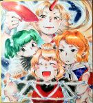  4girls black_bow black_shirt blonde_hair blush_stickers bow bucket cat's_cradle closed_eyes commentary_request cup dress facing_viewer fang green_eyes green_hair hair_bobbles hair_bow hair_bun hair_ornament hand_on_another's_shoulder holding holding_cup horns hoshiguma_yuugi in_bucket in_container japanese_clothes kimono kisume kokechankokko kurodani_yamame long_hair mizuhashi_parsee multiple_girls oni open_mouth pinafore_dress pointy_ears red_dress red_horns sakazuki shikishi shirt single_horn sleeveless sleeveless_dress smile touhou traditional_media twintails white_kimono white_shirt wooden_bucket 