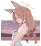  1girl animal_ear_fluff animal_ears bare_arms bare_back bare_shoulders blonde_hair blue_archive breasts commentary cran_berrie extra_ears fox_ears fox_girl from_side halo highres long_hair one-piece_swimsuit parted_lips pink_hair ponytail profile seia_(blue_archive) seia_(swimsuit)_(blue_archive) small_breasts smile solo swimsuit upper_body white_one-piece_swimsuit yellow_halo 