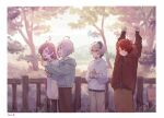  2boys 2girls :i ahoge arms_up blue_hoodie bottle brown_jacket brown_pants closed_eyes commentary flower_(vocaloid) flower_(vocaloid4) fukase highres holding holding_bottle holding_phone hood hoodie jacket leaning_forward mi_no_take multiple_boys multiple_girls outdoors outstretched_arms pants phone pink_eyes pink_hair pointing purple_hair red_eyes red_hair sf-a2_miki short_hair standing stretching sweater symbol-only_commentary tree utatane_piko vocaloid white_hair white_sweater wooden_railing 