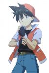  1boy backwards_hat baseball_cap belt black_gloves black_hair black_shirt brown_belt closed_mouth cowboy_shot dated denim fingerless_gloves fingernails gloves hair_between_eyes hat highres jacket jeans kibisakura2 male_child male_focus pants poke_ball pokemon pokemon_adventures red_(pokemon) red_eyes red_jacket shirt short_sleeves signature simple_background smile solo white_background 