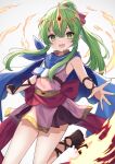  1girl bare_shoulders cape dragonstone fire_emblem fire_emblem:_mystery_of_the_emblem fire_emblem_heroes frilled_skirt frills green_eyes green_panties hair_ribbon hako_momiji highres jewelry long_hair looking_at_viewer necklace panties ponytail ribbon sidelocks skirt smile solo tiara tiki_(fire_emblem) underwear wrist_wrap 