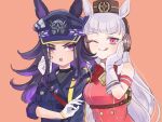  2girls :d ;d animal_ears armband black_hair black_jacket blunt_bangs bow brown_hat chise_(yoakenojikan) commentary_request dress ear_bow ears_through_headwear fenomeno_(black_flames_of_the_righteous_spirit)_(umamusume) fenomeno_(umamusume) flipped_hair gloves gold_ship_(red_strife)_(umamusume) gold_ship_(umamusume) grey_hair hat highres horse_ears horse_girl horseshoe_hat_ornament horseshoe_ornament jacket long_hair long_sleeves looking_at_another looking_at_viewer multicolored_hair multiple_girls one_eye_closed orange_background peaked_cap pillbox_hat purple_bow purple_eyes purple_hair red_dress sideways_glance simple_background sleeveless sleeveless_dress smile striped_armband striped_clothes striped_hat tsurime umamusume upper_body white_gloves 