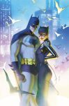  1boy 1girl bat_(animal) batman batman_(series) black_bodysuit black_gloves black_male_underwear bodysuit building catwoman city commentary dc_comics english_commentary gloves grey_bodysuit highres looking_at_viewer male_underwear outdoors red_lips scott_forbes selina_kyle skyscraper underwear 