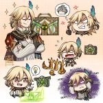  1boy ^_^ alhaitham_(genshin_impact) anger_vein blonde_hair chibi clenched_hand clenched_teeth closed_eyes commentary crossed_arms desert_fox_(genshin_impact) dilaneko empty_eyes english_commentary english_text feather_hair_ornament feathers fox genshin_impact gloom_(expression) gradient_background grey_hair hair_ornament hands_on_own_head highres hologram kaveh_(genshin_impact) light_bulb mandarin_collar mehrak_(genshin_impact) open_mouth polka_dot polka_dot_background red_eyes shaded_face smug sparkle sparkling_aura speech_bubble spoken_light_bulb suitcase teeth thought_bubble white_background yellow_background 