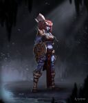  1girl abs absurdres armor artist_name axe battle_axe black_boots black_gloves black_tube_top blurry blurry_background blurry_foreground boots breasts cave_interior collarbone colored_skin commentary commission crystal_necklace dated demon_girl demon_horns english_commentary female_orc full_body fur-trimmed_boots fur-trimmed_gloves fur-trimmed_tube_top fur_trim gloves grey_horns hand_up hedon_bloodrite highres holding holding_axe holding_shield horned_armor horns ice knee_boots knee_pads leather leather_gloves long_hair looking_at_viewer medium_breasts multiple_scars muscular muscular_female navel nose open_mouth orc over_shoulder pelvic_curtain pointy_ears purple_skin red_eyes red_hair ronnieeinnor scar scar_on_cheek scar_on_face scar_on_stomach shield shoulder_armor sidelocks slips smile snowing solo spiked_horns stalactite stalagmite standing strapless teeth thigh_armor tube_top weapon weapon_over_shoulder wooden_shield zan_(hedon) 