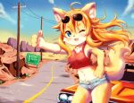  4_fingers ahoge anthro blue_eyes blush bottomwear breasts canid canine canis car chest_tuft clothed clothing crop_top denim desert domestic_dog english_text eyewear eyewear_on_head fangs female fingers fur gesture hair hi_res hitchhiking hotpants kemono leaning mammal navel one_eye_closed open_mouth orange_hair pawpads piporinton power_lines road shirt shorts sign solo sunglasses sunglasses_on_head sunset text thumbs_up topwear tuft vehicle wind yellow_body yellow_fur young 