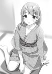  1girl bare_legs barefoot blurry blurry_background blush crying depth_of_field doushimasho greyscale highres indoors japanese_clothes kimono long_sleeves monochrome on_floor open_mouth original short_hair sitting solo streaming_tears tearing_up tears 
