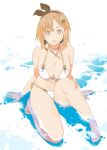  1girl atelier_(series) atelier_ryza bare_legs bare_shoulders barefoot bikini blush bow bracelet braid braided_bangs breasts brown_eyes brown_hair cleavage collarbone front-tie_bikini_top front-tie_top hair_bow hair_ornament hairband hairclip highres jewelry key key_necklace kneeling large_breasts looking_at_viewer navel necklace open_mouth partially_submerged reisalin_stout short_hair side-tie_bikini_bottom smile solo stomach swimsuit thick_thighs thighs toes water white_bikini yoshinaga_yunosuke 