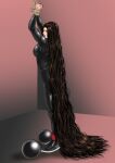  1girl absurdly_long_hair arms_up ass bodysuit bound bound_wrists breasts brown_hair catsuit commentary_request full_body hair_down hair_pulled_back high_heel_bodysuit highres long_hair medium_breasts original ponytail rebirthkamisennin red_lips restrained solo standing very_long_hair wavy_hair 