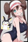  1girl absurdres bare_arms bare_shoulders black_border blue_eyes blue_one-piece_swimsuit blush border breasts brown_hair cleavage closed_eyes commentary_request donut_hair_bun double_bun emolga grin hair_bun highres index_finger_raised large_breasts long_hair looking_at_viewer odorukaminoke one-piece_swimsuit one_eye_closed open_mouth pokemon pokemon_(creature) pokemon_black_2_and_white_2 rosa_(pokemon) school_swimsuit smile swimsuit teeth twintails visor_cap 