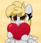  &lt;3 2021 absurd_res blonde_hair blush blush_lines bubble derp_eyes derpy_hooves_(mlp) equid equine eyelashes feathered_wings feathers female feral friendship_is_magic grey_body grey_feathers hair hasbro hi_res holding_object kittyrosie mammal my_little_pony orange_eyes pegasus simple_background solo wings yellow_background 