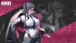  1girl absurdres assault_rifle black_gloves black_hair black_necktie breasts chest_harness closed_mouth collared_leotard copyright_logo covered_navel e.h._(junkyard_vanguard)_(nikke) e.h._(nikke) gloves goddess_of_victory:_nikke grey_pants gun half_gloves handgun harness highleg highleg_leotard highres holding holding_gun holding_unworn_clothes holding_unworn_jacket holding_weapon jacket large_breasts leotard leotard_under_clothes leotard_under_pants logo long_sidelocks looking_at_viewer necktie official_alternate_costume official_alternate_hairstyle open_fly pants pink-tinted_eyewear ponytail projected_inset rifle round_eyewear sidelocks sleeves_rolled_up solo tinted_eyewear tokarev_tt-33 underbust unworn_jacket weapon white_leotard 