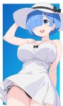  1girl black_panties blue_eyes blue_hair blush breasts dress hair_ornament hair_over_one_eye hat highres large_breasts open_mouth panties re:zero_kara_hajimeru_isekai_seikatsu rem_(re:zero) remnia short_hair side-tie_panties smile solo sun_hat sundress teeth thong thong_panties underwear upper_teeth_only white_dress x_hair_ornament 