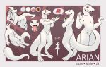  4_fingers absurd_res albino anthro arian_(coc) auburn_eyes claws corruption_of_champions digitigrade fingers hi_res lizard long_tail looking_at_viewer male model_sheet nude open_mouth orange_eyes reptile scales scalie simple_background smile solo standing text tongue tongue_out white_body white_scales 
