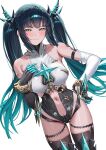  1girl absurdres aqua_hair asymmetrical_gloves bare_shoulders black_gloves black_hair black_thighhighs blush breasts closed_mouth clothing_cutout commentary_request duet_night_abyss elbow_gloves gloves green_eyes hand_on_own_hip hand_up highres korean_commentary large_breasts long_hair looking_at_viewer mismatched_gloves molyb navel navel_cutout simple_background solo su_yi_(duet_night_abyss) thighhighs twintails very_long_hair white_background white_gloves 