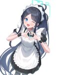  1girl alternate_hairstyle apron aris_(blue_archive) aris_(maid)_(blue_archive) black_dress black_hair blue_archive blue_eyes blue_halo blue_ribbon blush commentary_request cowboy_shot doggo34476335 dot_nose dress four-finger_heart_hands frilled_apron frills halo happy heart heart_hands highres long_hair looking_at_viewer maid maid_apron maid_headdress official_alternate_costume one_eye_closed open_mouth parted_bangs puffy_short_sleeves puffy_sleeves ribbon short_sleeves simple_background smile solo very_long_hair white_background wristband 