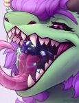 absurd_res ambiguous_gender anthro bangs black_body black_sclera bodily_fluids claws dragon duo ear_piercing ear_ring facial_piercing fangs feral finger_claws glowing glowing_eyes glowing_markings gold_(metal) green_body hair hi_res horn lying lying_on_tongue markings mouth_shot mythological_creature mythological_scalie mythology nose_piercing on_front one_eye_obstructed open_mouth piercing purple_eyes purple_hair ring_piercing saliva saliva_on_tongue saliva_string scalie septum_piercing teeth teeth_showing tongue tongue_out wickerbeast zegzagun