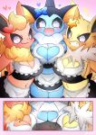  &lt;3 2022 anthro anthrofied big_breasts blush breasts cleavage_cutout clothing digital_media_(artwork) eeveelution female female_anthro flareon fur generation_1_pokemon group happy hi_res hinata_sakamoto jolteon kemono looking_at_viewer maid_uniform nintendo open_mouth pokemon pokemon_(species) pokemorph translated_description trio uniform vaporeon video_games 