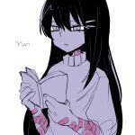  1girl bad_id bad_pixiv_id bandaid bandaid_on_arm bandaid_on_neck black_hair book casual character_name crossed_bandaids doki_doki_literature_club expressionless hair_between_eyes hair_ornament hairclip holding holding_book limited_palette long_hair official_alternate_costume parallel_hairclips portrait purple_theme reading scar scar_on_arm self-harm_scar simple_background slit_pupils solo soumenhiyamugi sweater tsurime turtleneck turtleneck_sweater very_long_hair white_background yuri_(doki_doki_literature_club) 