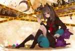  1girl animal_ears animal_hands black_skirt black_socks brown_eyes brown_hair candy cat_ears caution_tape closed_mouth commentary_request crescent_moon envy_cat_walk_(vocaloid) extra_ears food gloves hatsune_miku hatsune_miku_(chat_noir) lollipop long_hair long_sleeves looking_at_viewer moon neckerchief paw_gloves pleated_skirt red_neckerchief sawarabi single_glove skirt socks solo stuffed_animal stuffed_cat stuffed_fish stuffed_toy vocaloid 