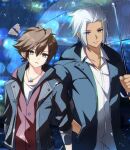  2boys black_jacket blue_eyes brown_hair closed_mouth commentary dark-skinned_male dark_skin dated_commentary grey_eyes grey_hair hand_in_pocket height_difference highres holding holding_umbrella hood hood_down jacket kingdom_hearts kingdom_hearts_iv looking_at_another looking_at_viewer male_focus multiple_boys outdoors pocket rain shirt sora_(kingdom_hearts) transparent transparent_umbrella umbrella white_shirt xehanort_(kingdom_hearts) young_xehanort zer00han 