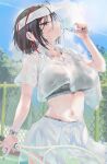  1girl absurdres alternate_costume black_hair black_sports_bra blue_sky bottle breasts commentary crow_(nikke) day drinking goddess_of_victory:_nikke highres holding holding_bottle holding_racket korean_commentary krabking large_breasts looking_at_viewer midriff miniskirt multicolored_hair navel racket red_hair shirt short_hair skirt sky solo sports_bra sportswear streaked_hair tennis_racket tennis_uniform two-tone_hair visor_cap water water_bottle white_shirt white_skirt 